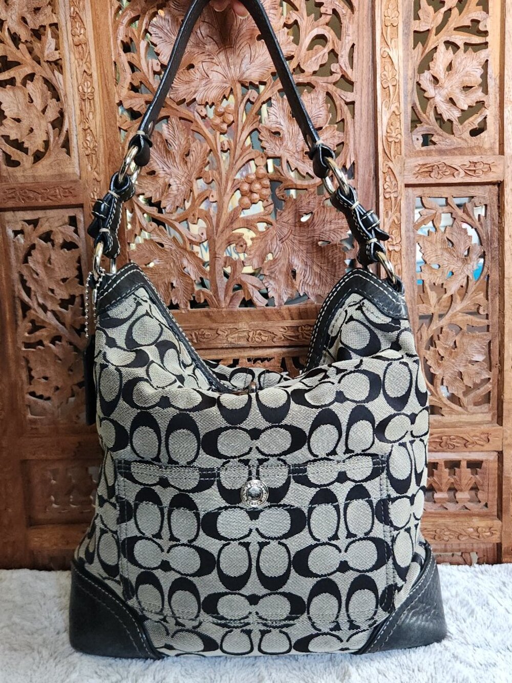Coach Legacy Chelsea Hobo in Black/Gray Canvas with Creme Top Stitching 10982